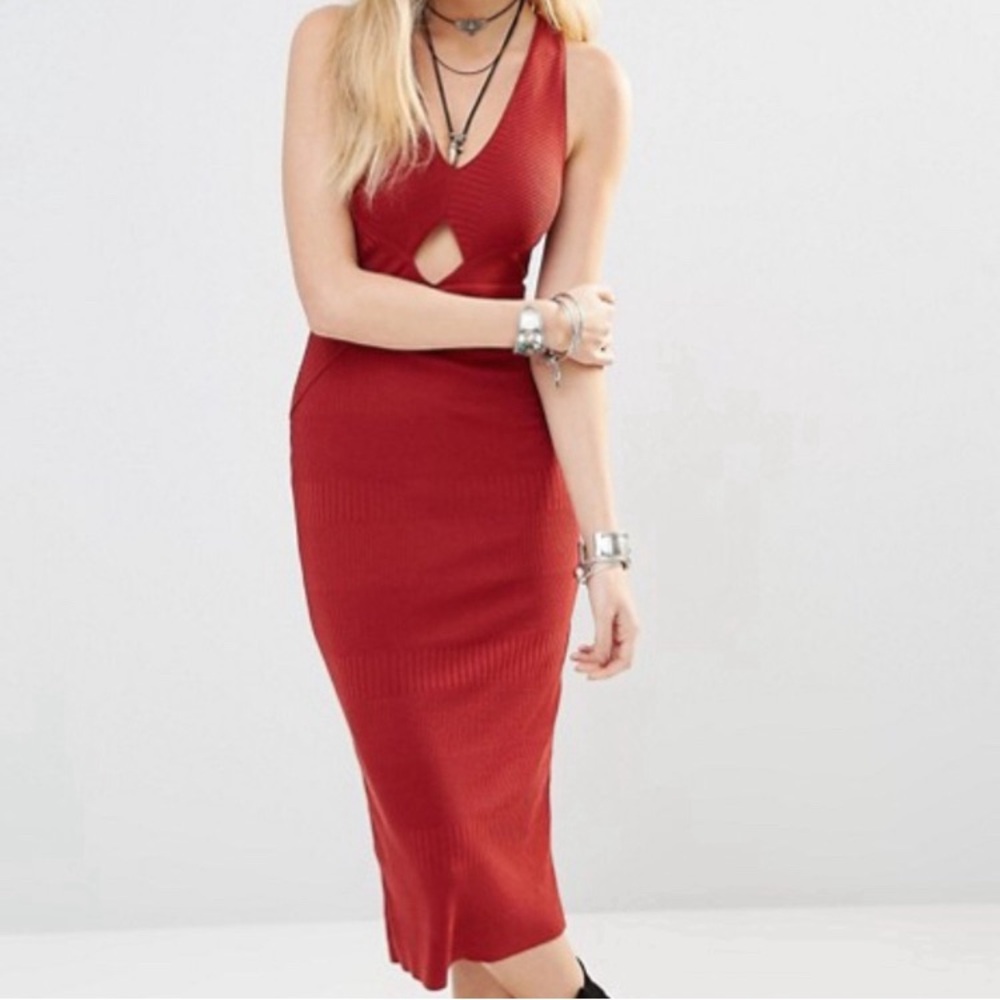 Free People Maroon bodycon midi cutout dress.